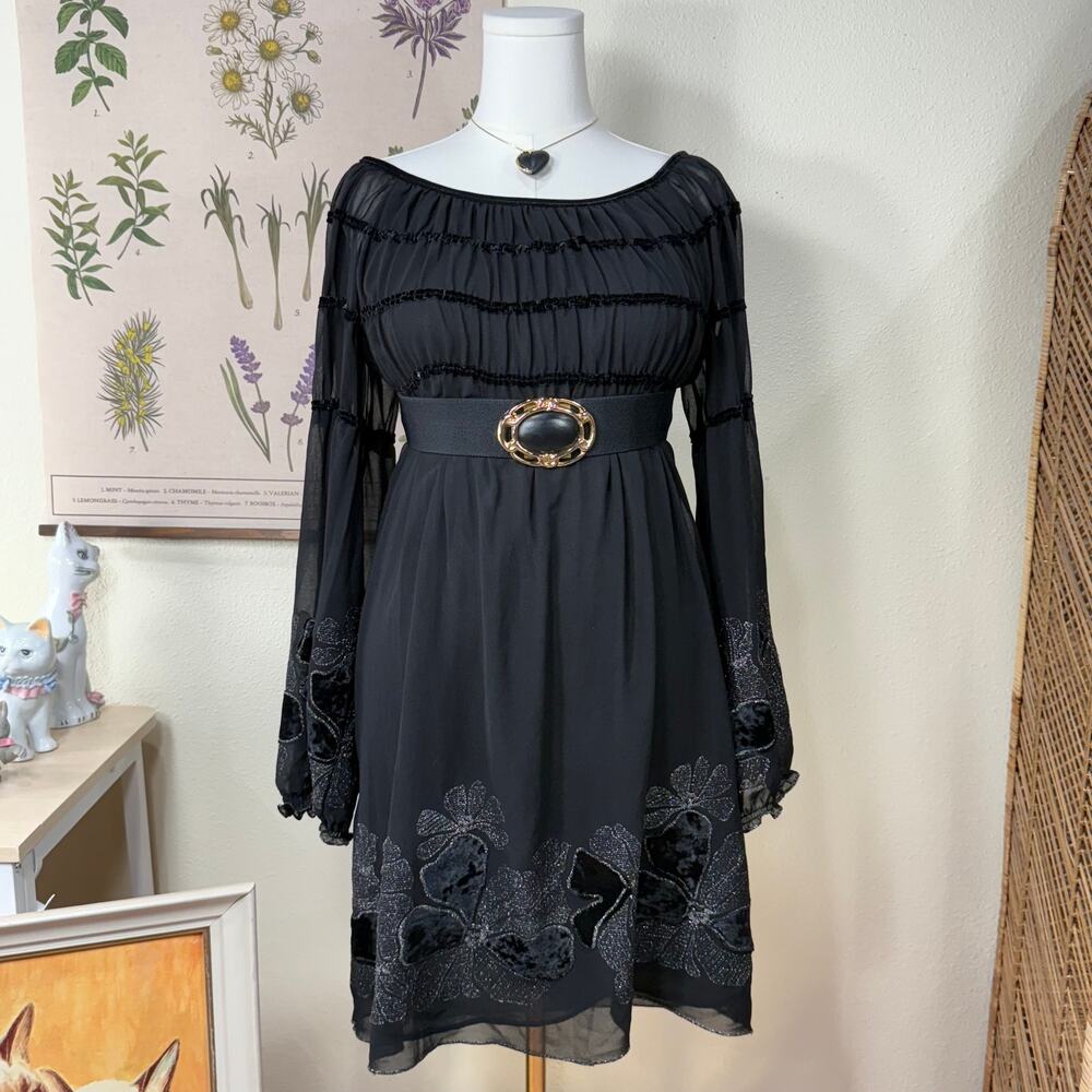 Vintage 90s Y2k Balloon Sleeve Floral Velvet Dress Romantic Goth Whimsigoth M